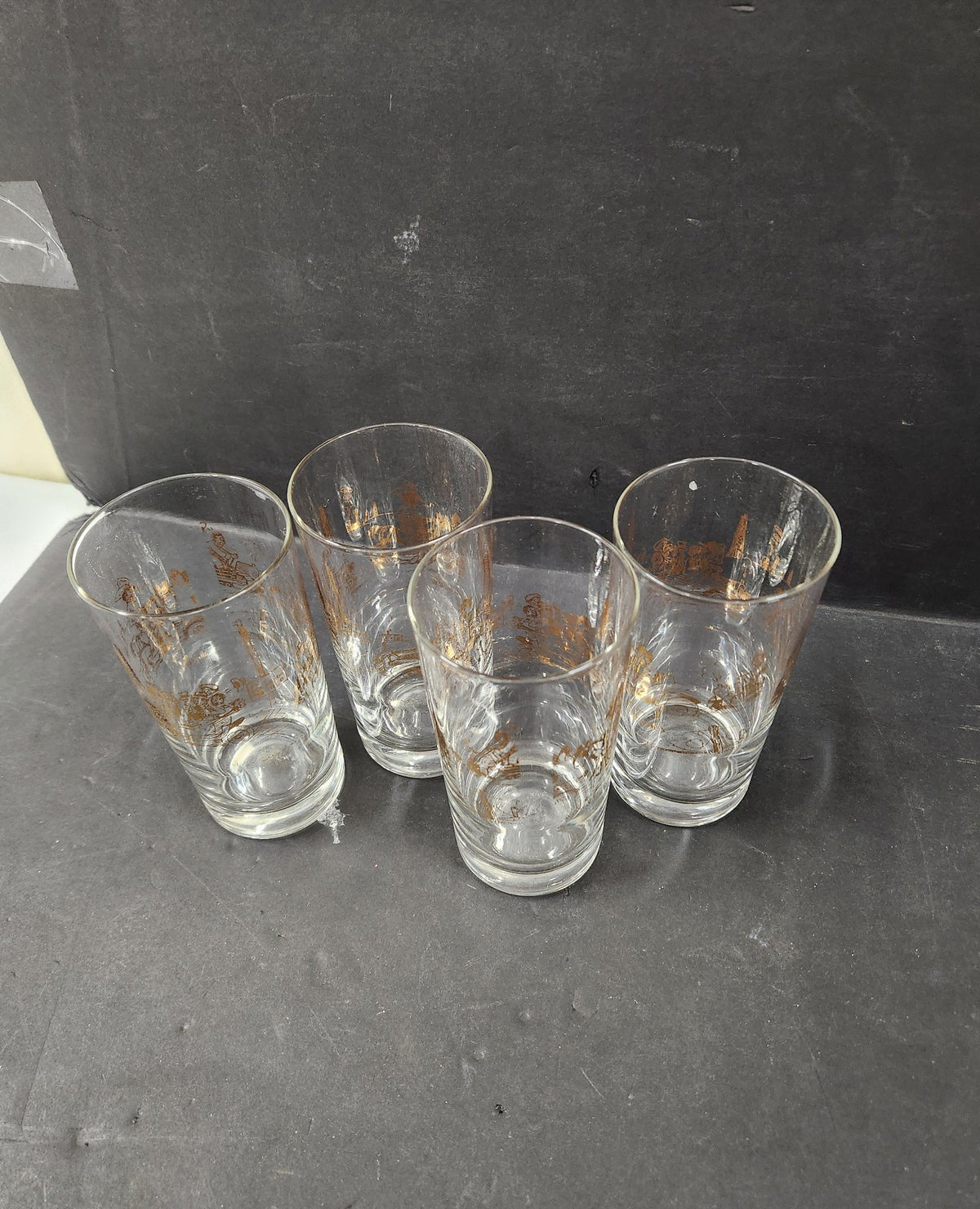 Set of 4 Vintage Highball Glasses Gold Black Antique Car Scene 5-6 Inch