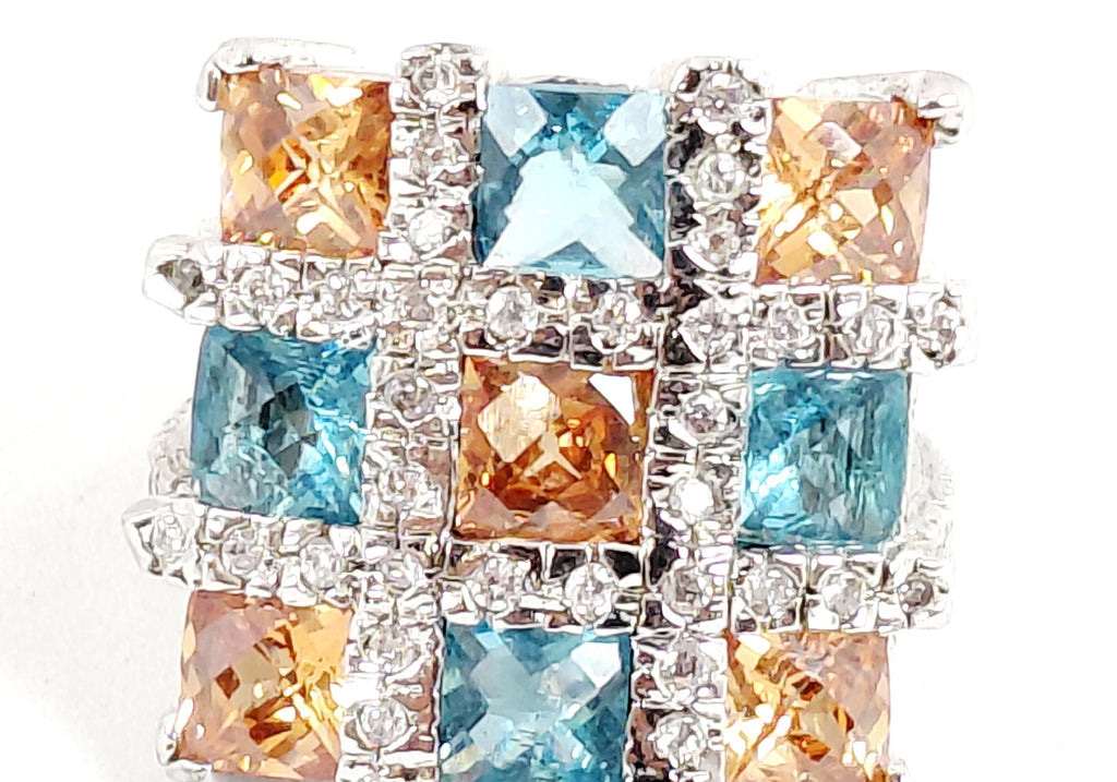 Silver-Tone Blue and Orange Square-Cut CZ Cocktail Ring