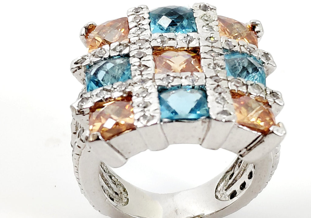 Silver-Tone Blue and Orange Square-Cut CZ Cocktail Ring