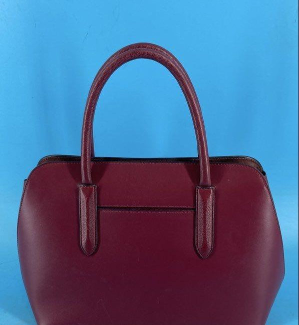 Radley London burgundy leather structured satchel with rolled top handles and patent handle tabs, view 3