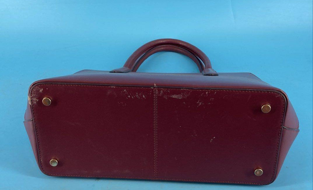 Radley London burgundy leather structured satchel with rolled top handles and patent handle tabs, view 4