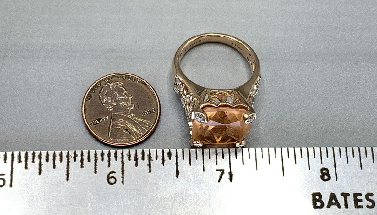 Rose gold-tone cocktail ring with large cushion-cut peach stone and pavé shoulders, view 4