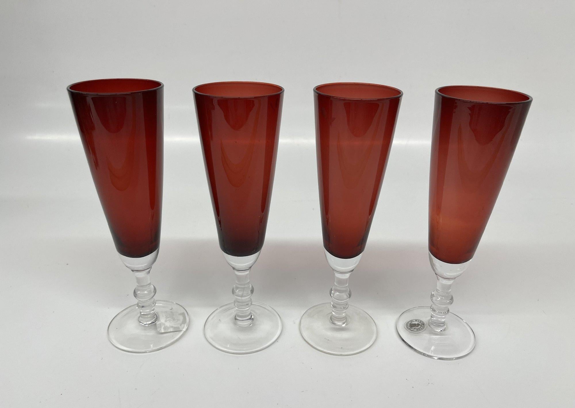 Set of 4 Handmade Ruby Red Glass Champagne Flutes with Etched Floral Design