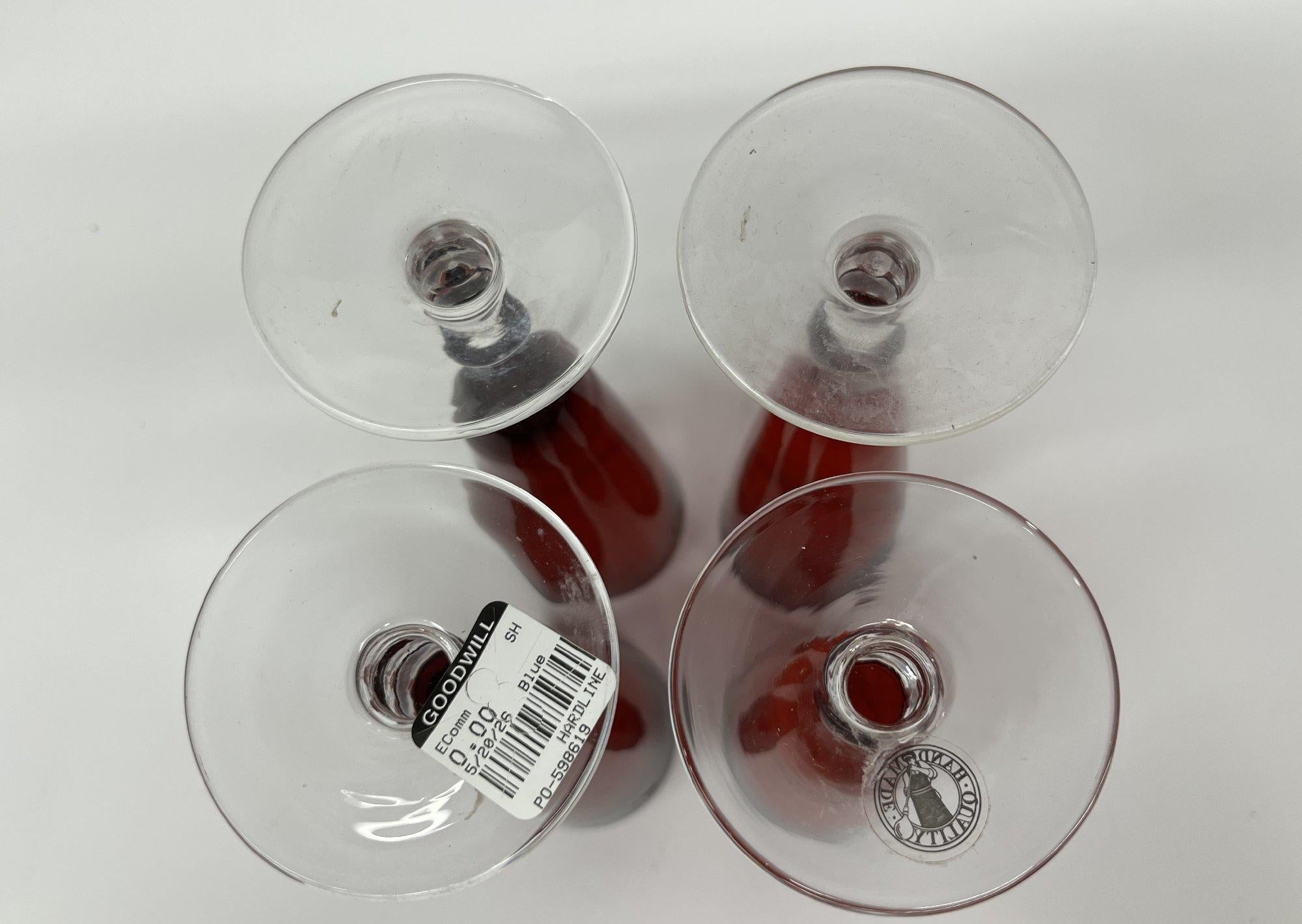 Set of 4 Handmade Ruby Red Glass Champagne Flutes with Etched Floral Design