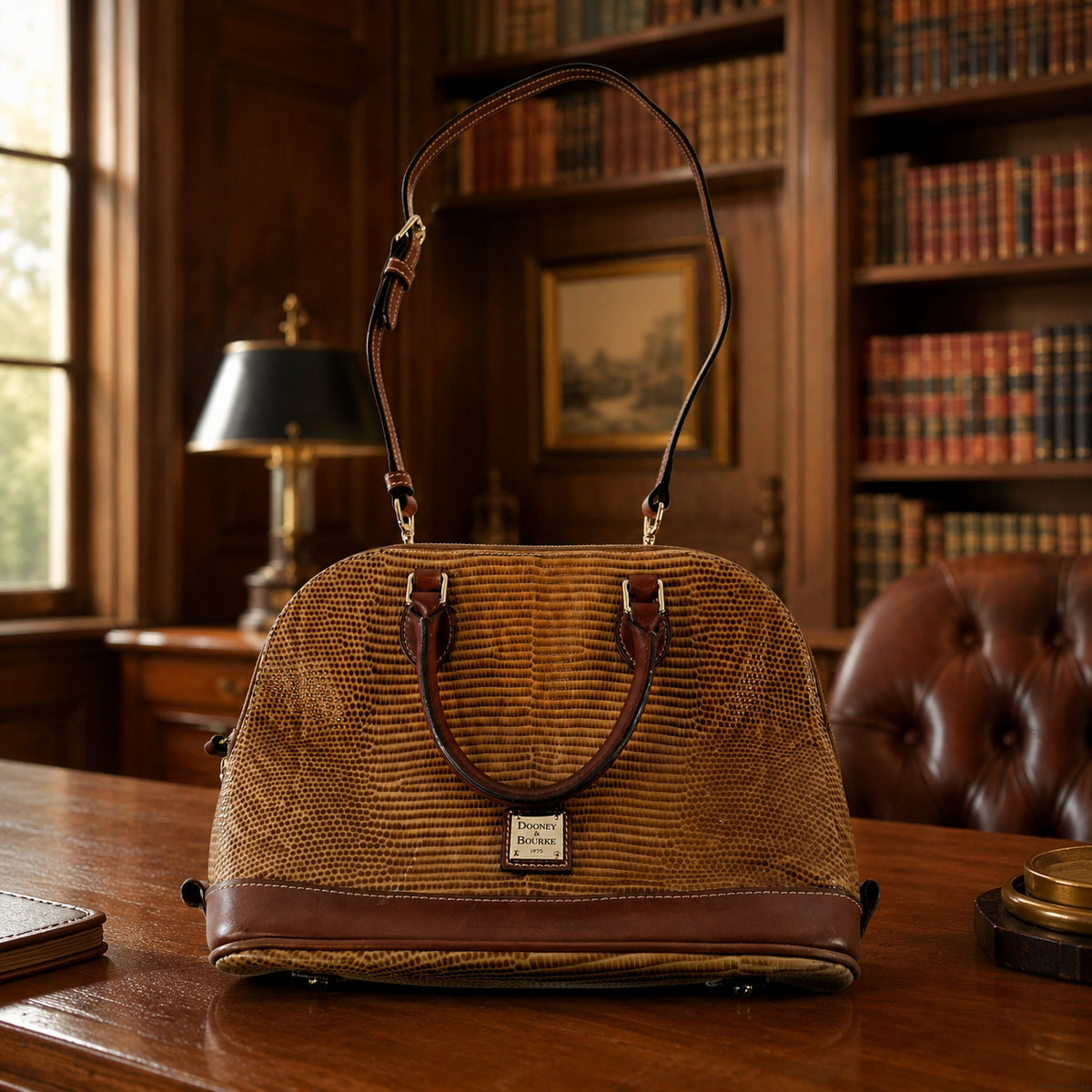 Dooney & Bourke Tan Lizard Embossed Satchel Brown Trim