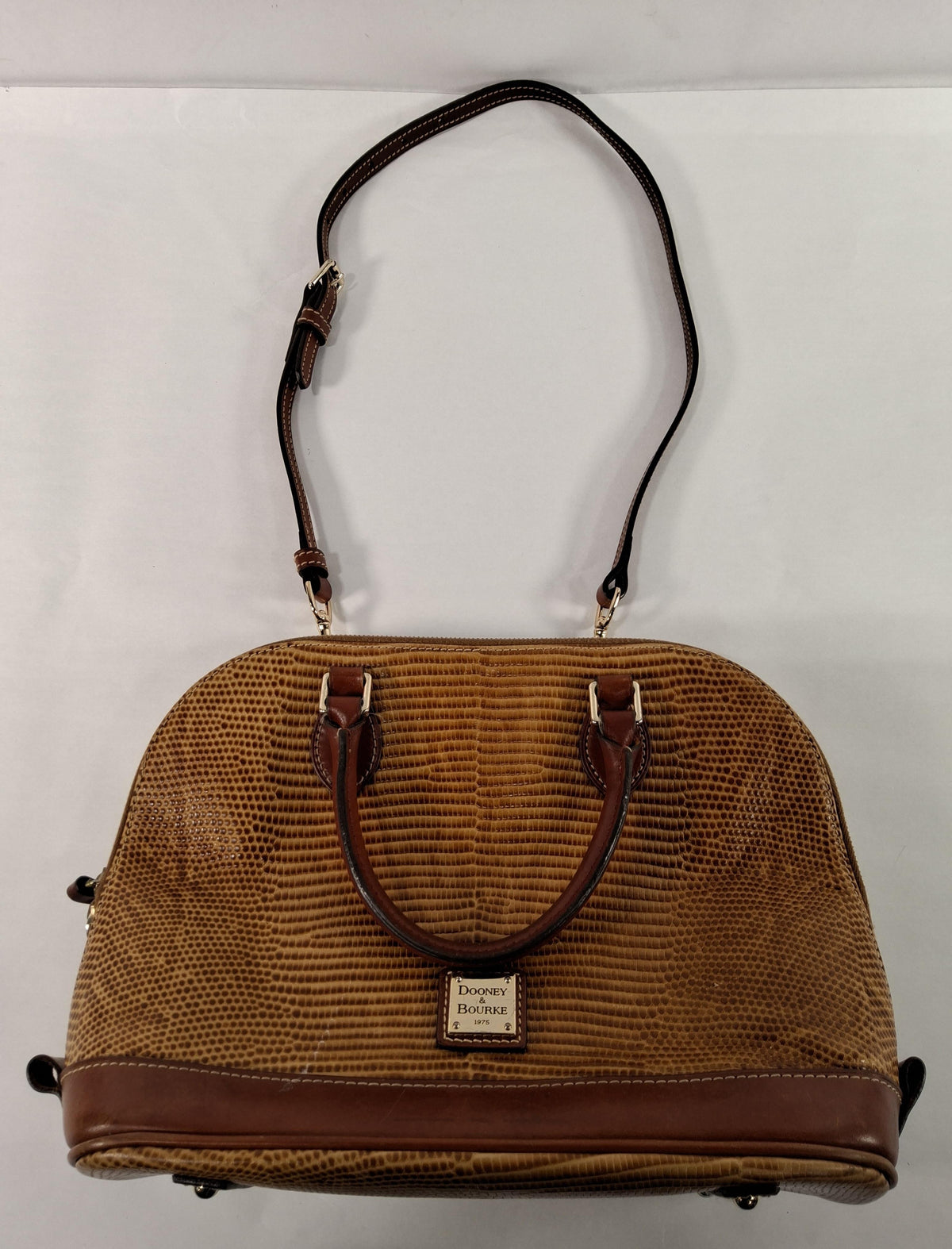 Dooney & Bourke Tan Lizard Embossed Satchel Brown Trim