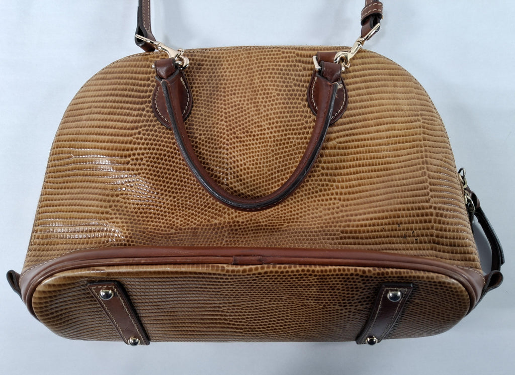 Dooney & Bourke Tan Lizard Embossed Satchel Brown Trim