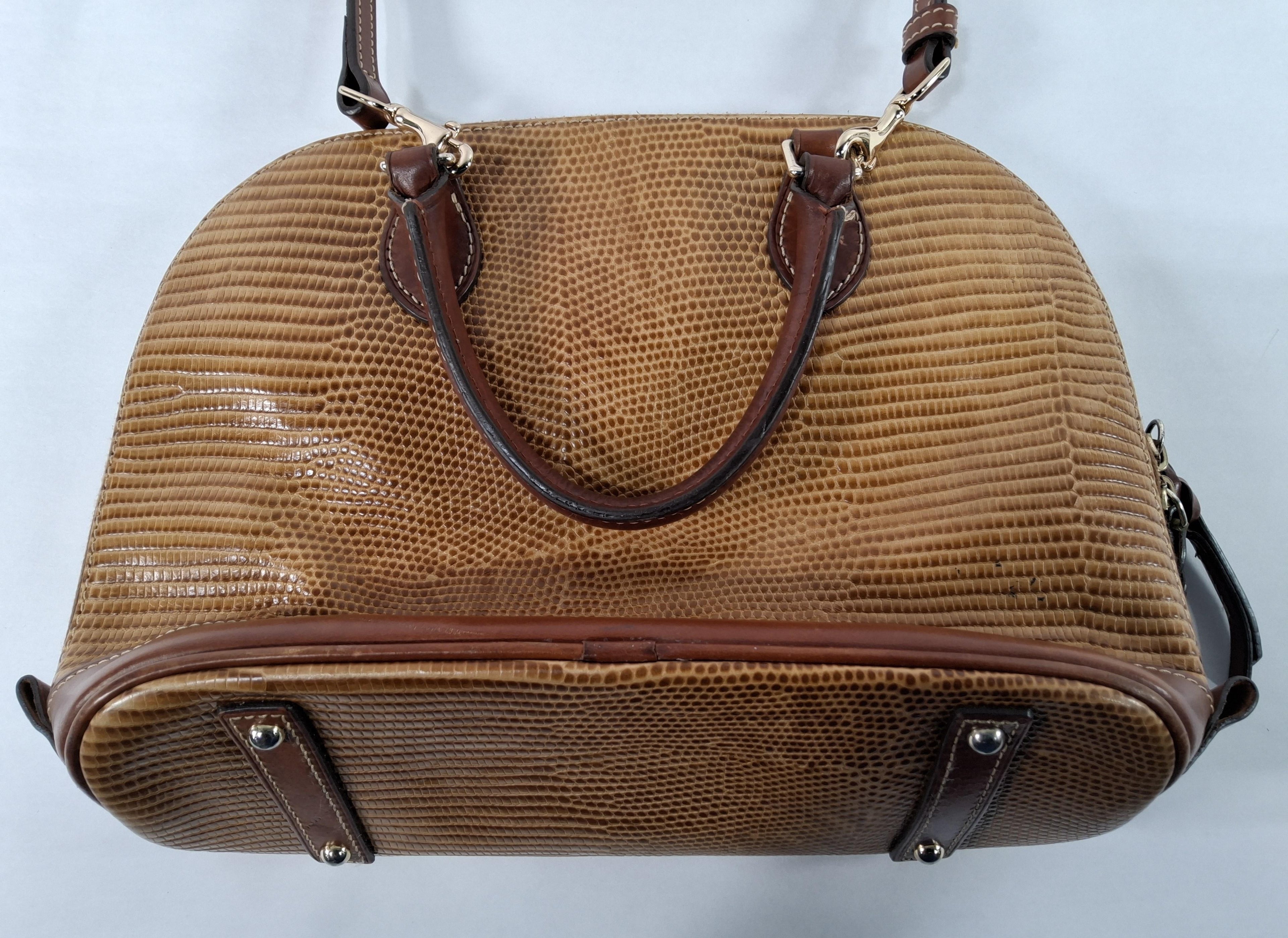 Dooney & Bourke Tan Lizard Embossed Satchel Brown Trim