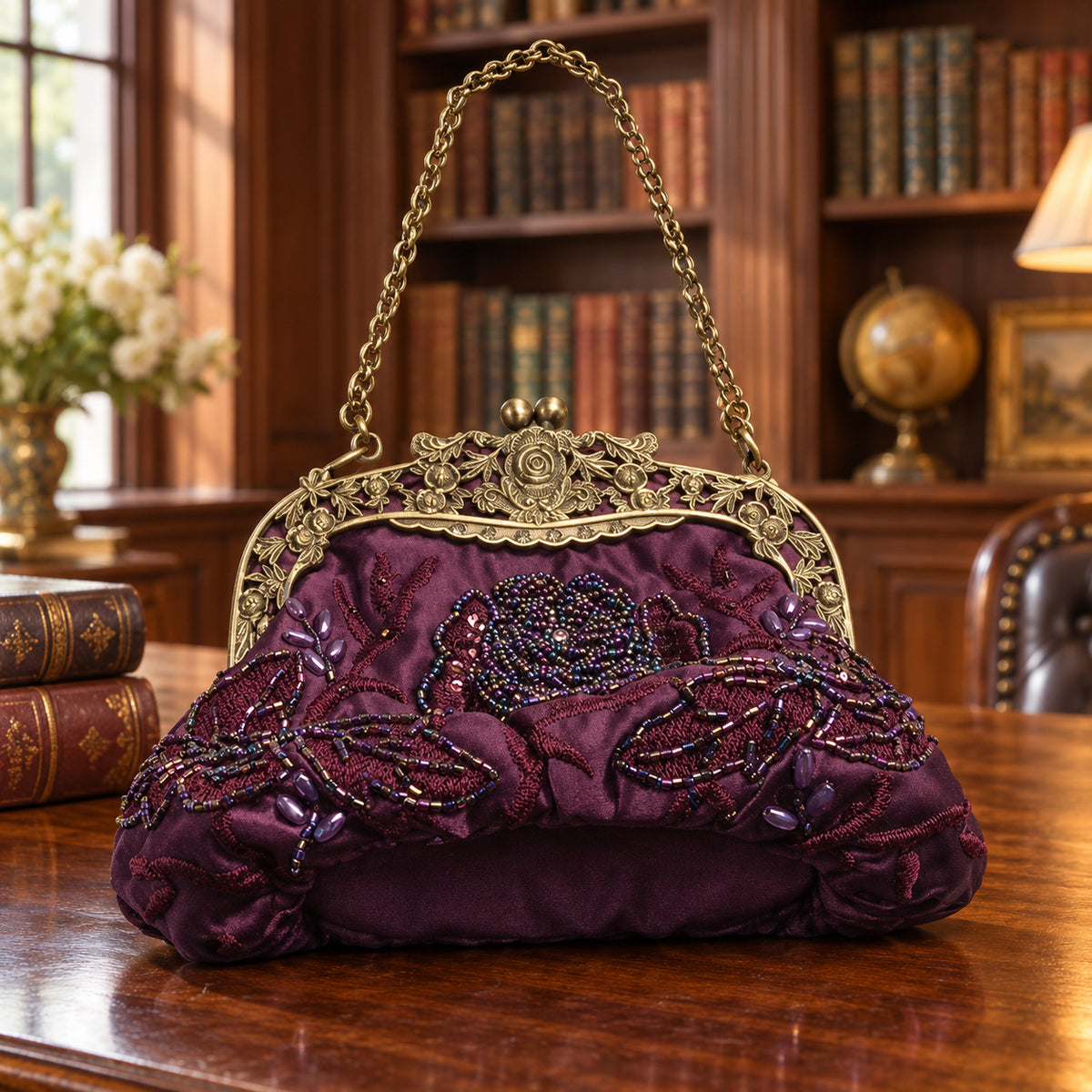 Plum purple satin evening bag with beaded embroidered rose and brass-tone filigree kiss-lock frame