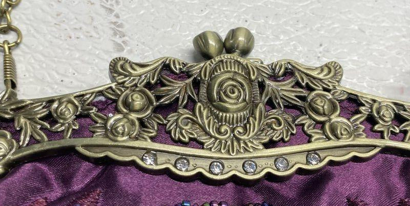 Plum purple satin evening bag with beaded embroidered rose and brass-tone filigree kiss-lock frame, view 5