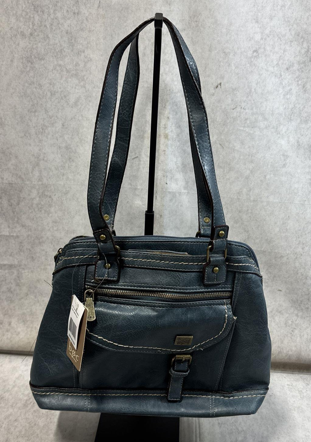 b.o.c. mineral blue faux leather shoulder tote with cream stitching and front zip pocket, view 2
