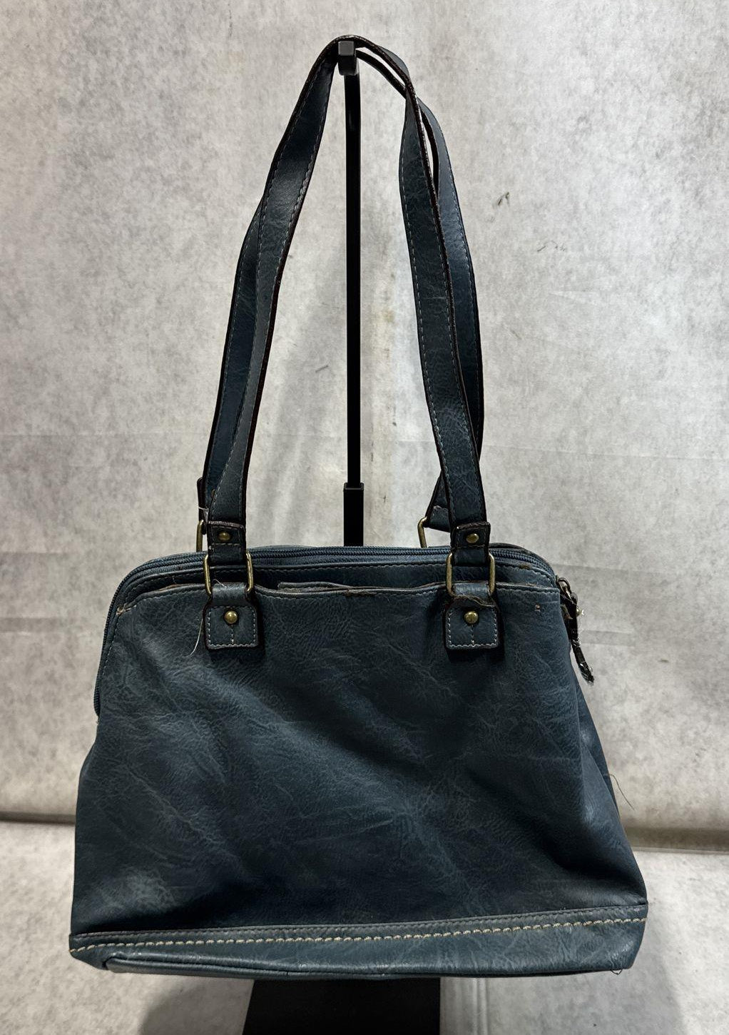 b.o.c. mineral blue faux leather shoulder tote with cream stitching and front zip pocket, view 3