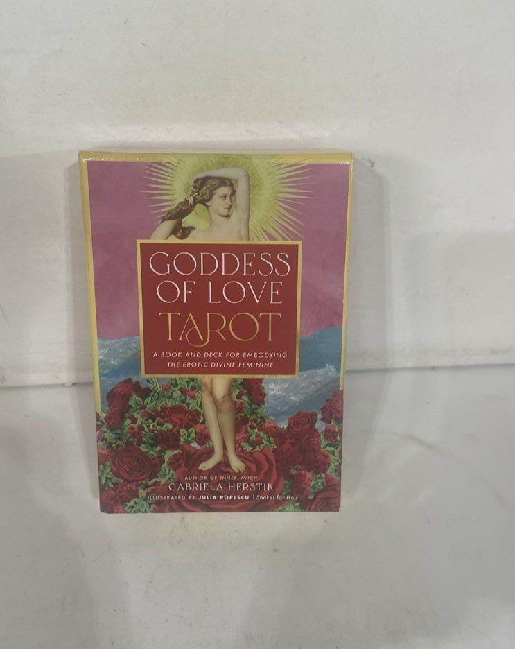 Goddess of Love Tarot boxed book and deck set in shrink wrap with goddess artwork amid roses, view 2