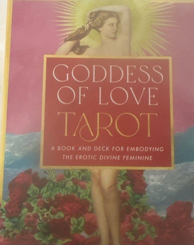 Goddess of Love Tarot boxed book and deck set in shrink wrap with goddess artwork amid roses, view 3
