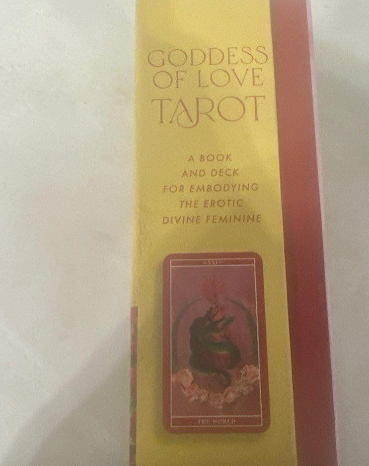 Goddess of Love Tarot boxed book and deck set in shrink wrap with goddess artwork amid roses, view 4