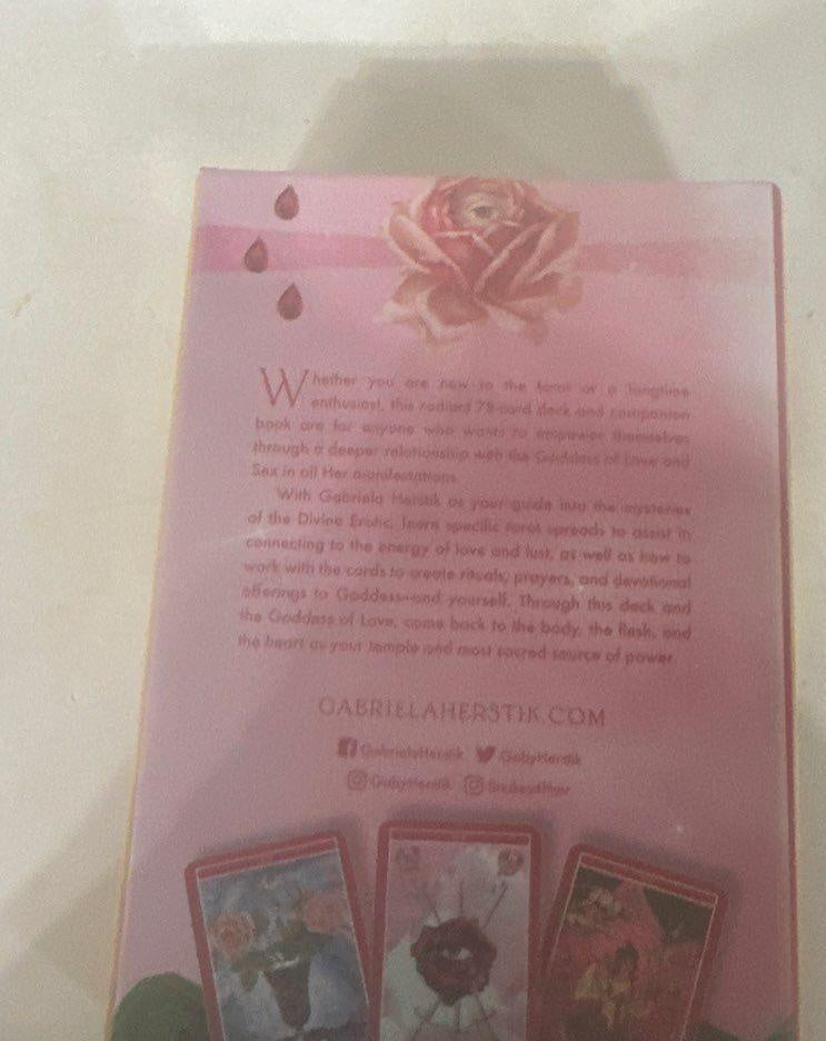 Goddess of Love Tarot boxed book and deck set in shrink wrap with goddess artwork amid roses, view 5