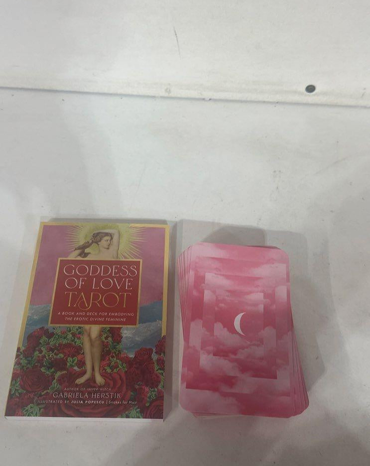 Goddess of Love Tarot boxed book and deck set in shrink wrap with goddess artwork amid roses, view 7