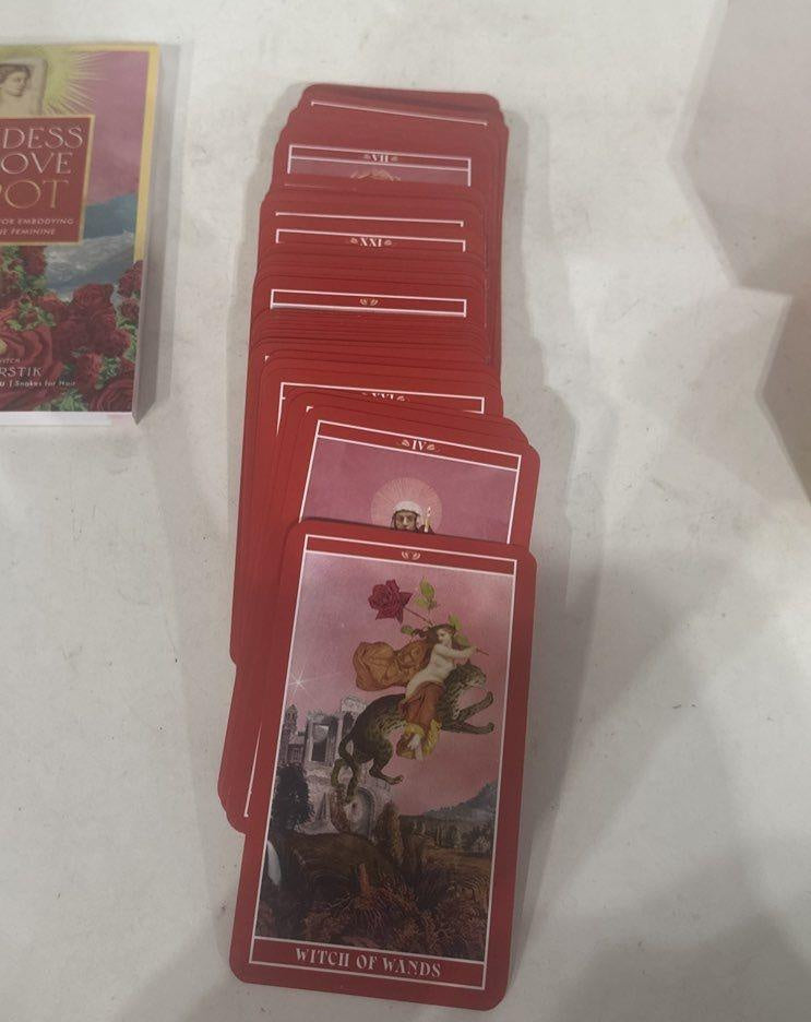 Goddess of Love Tarot boxed book and deck set in shrink wrap with goddess artwork amid roses, view 9