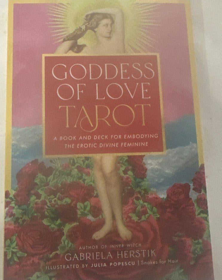 Goddess of Love Tarot boxed book and deck set in shrink wrap with goddess artwork amid roses, view 10