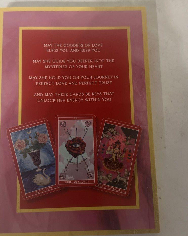 Goddess of Love Tarot boxed book and deck set in shrink wrap with goddess artwork amid roses, view 11