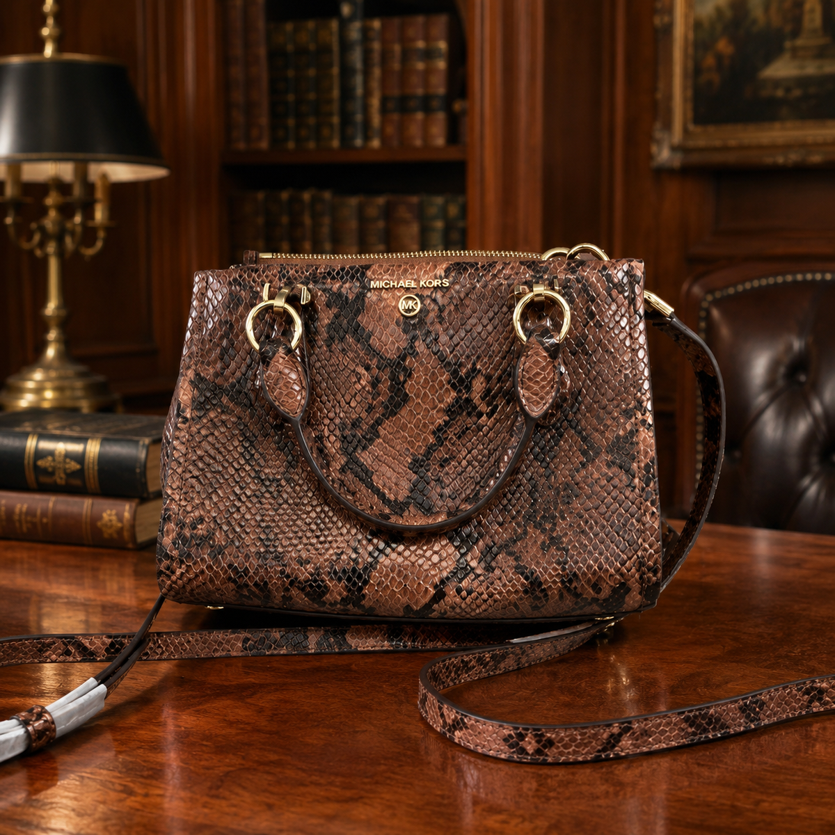 Michael Kors Caramel Snake Print Satchel Shoulder Bag Gold Tone Hardware