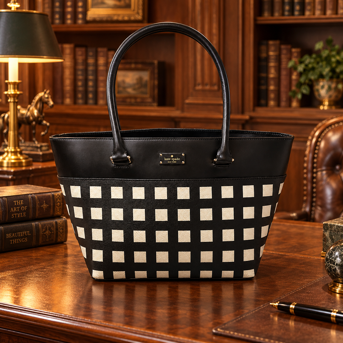 Kate Spade New York black and white checkerboard tote with black top panel and handles