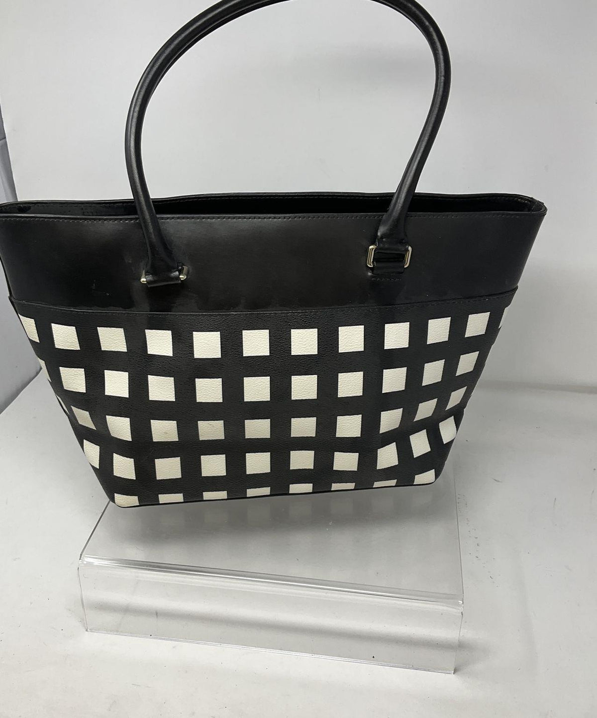 Kate Spade New York black and white checkerboard tote with black top panel and handles, view 4