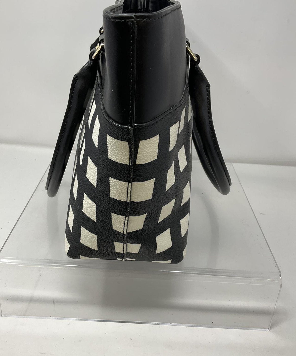 Kate Spade New York black and white checkerboard tote with black top panel and handles, view 5