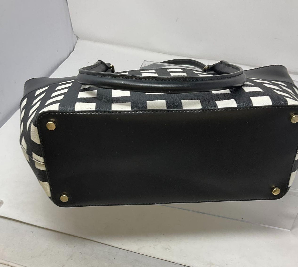 Kate Spade New York black and white checkerboard tote with black top panel and handles, view 6