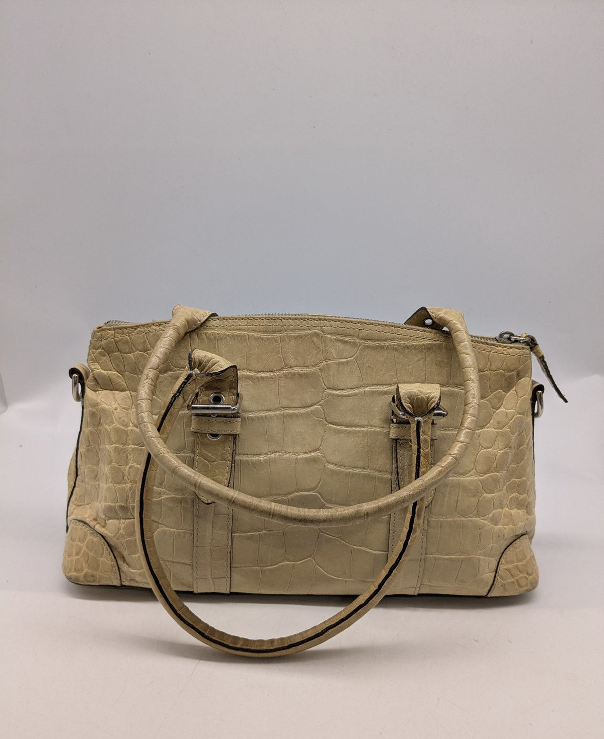 Beige crocodile-embossed leather satchel with rolled handles and silver-tone hardware, view 3