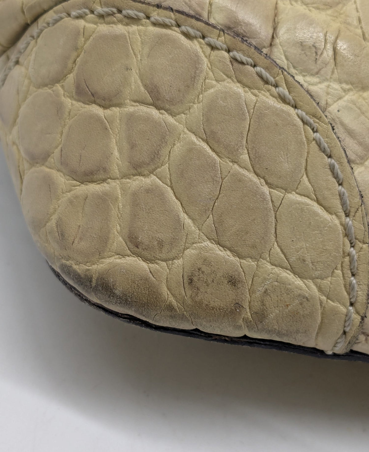 Beige crocodile-embossed leather satchel with rolled handles and silver-tone hardware, view 10