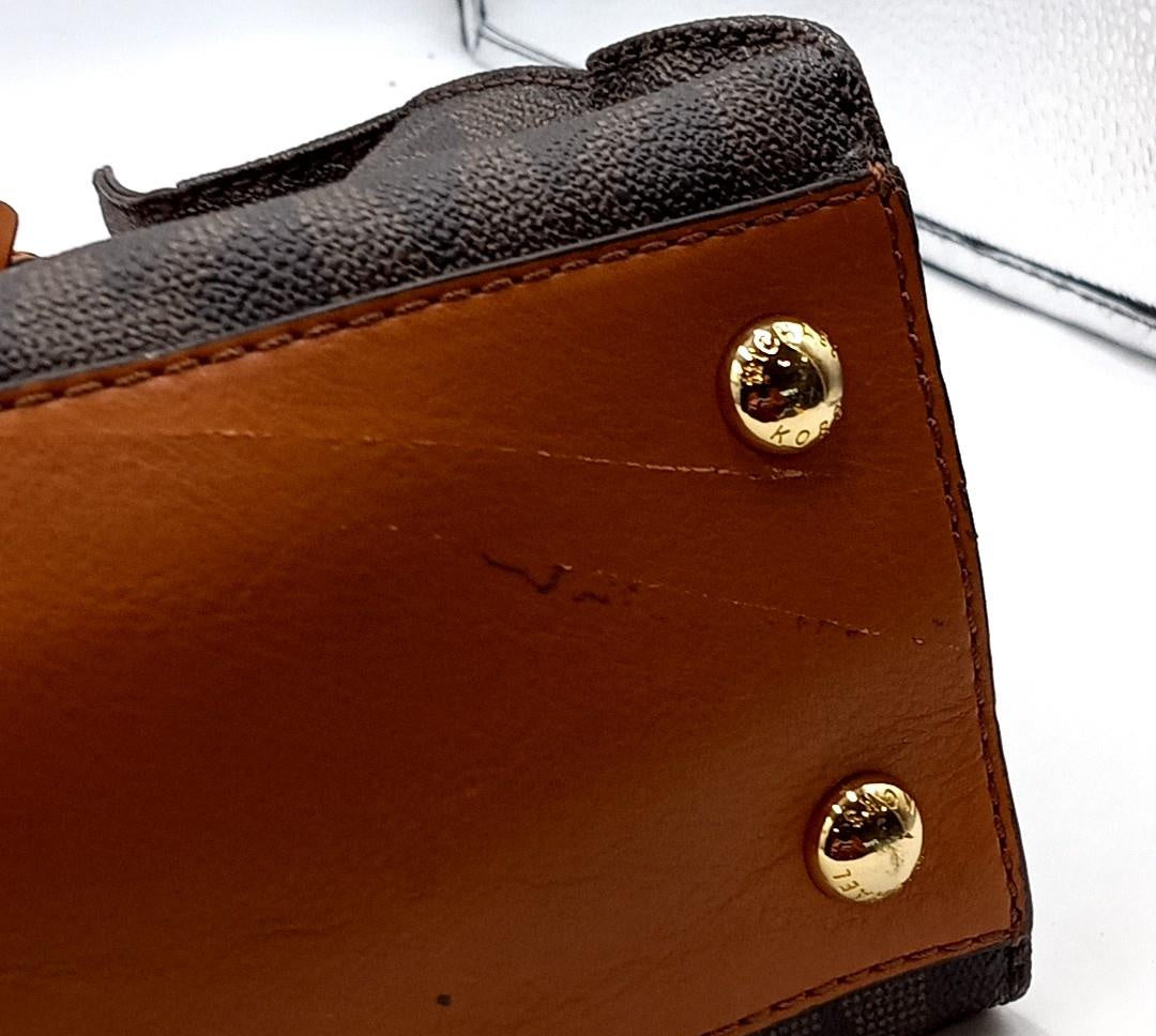 Brown monogram coated canvas satchel with tan leather trim, gold-tone padlock and shoulder strap, view 6
