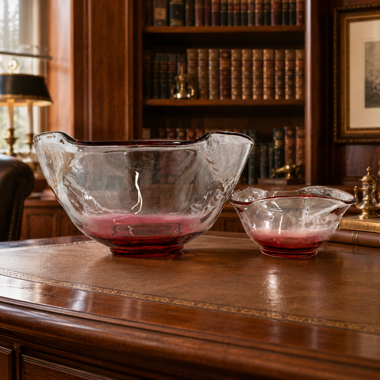 Free Form Clear And Red Glass Set of Art Glass Bowls