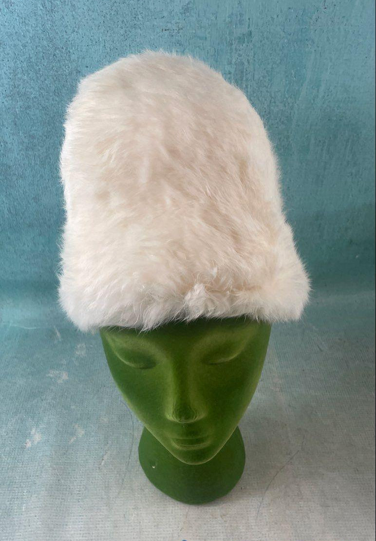 White plush bucket hat with black lining in hexagonal Lion Store Toledo hatbox, view 6
