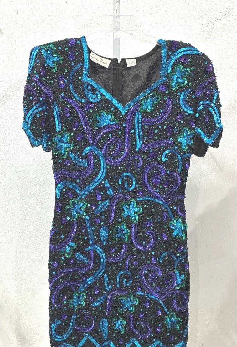 Black sheath cocktail dress with turquoise, cobalt and purple sequin and bead paisley design, view 2