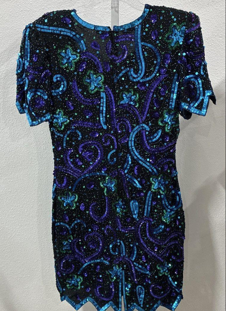 Black sheath cocktail dress with turquoise, cobalt and purple sequin and bead paisley design, view 3