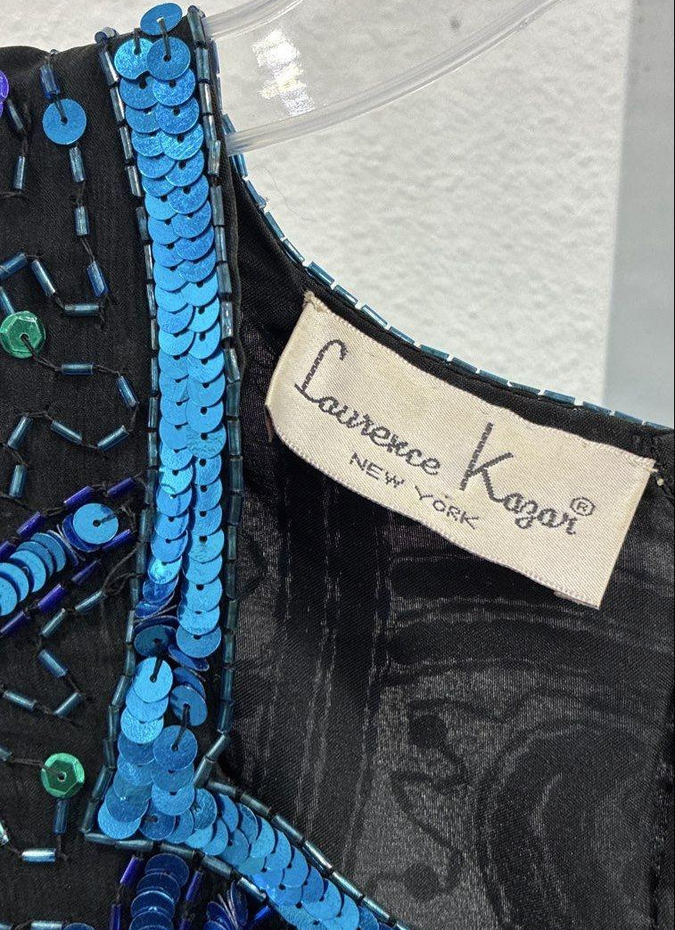 Black sheath cocktail dress with turquoise, cobalt and purple sequin and bead paisley design, view 4