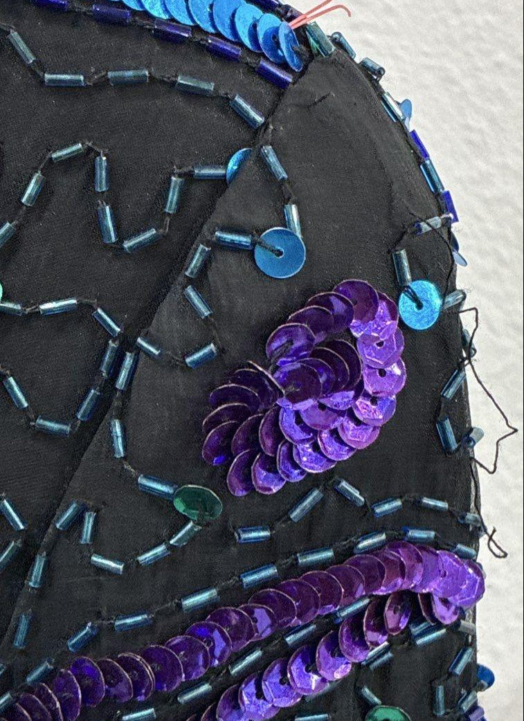 Black sheath cocktail dress with turquoise, cobalt and purple sequin and bead paisley design, view 6