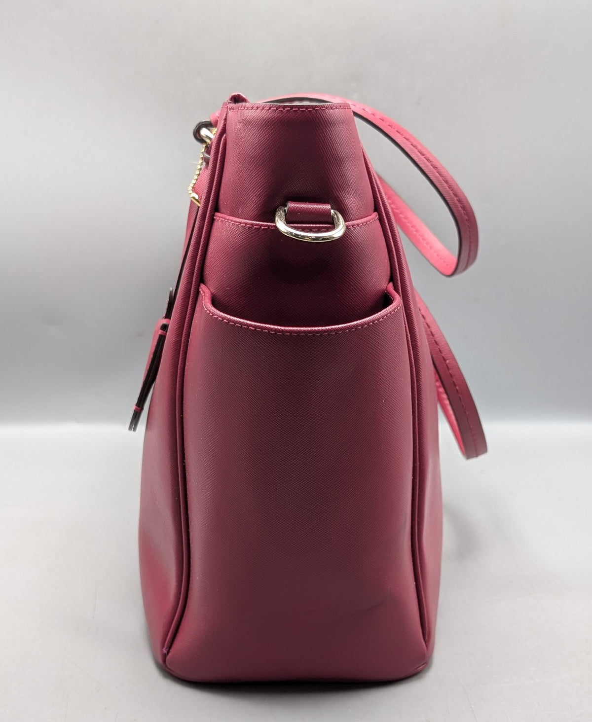Berry pink crossgrain leather multifunction tote bag with double handles and shoulder strap, view 4