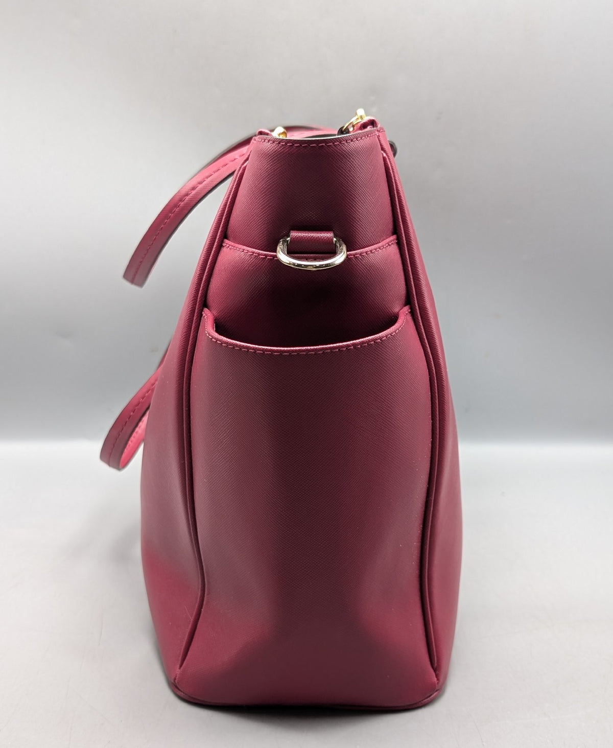 Berry pink crossgrain leather multifunction tote bag with double handles and shoulder strap, view 5
