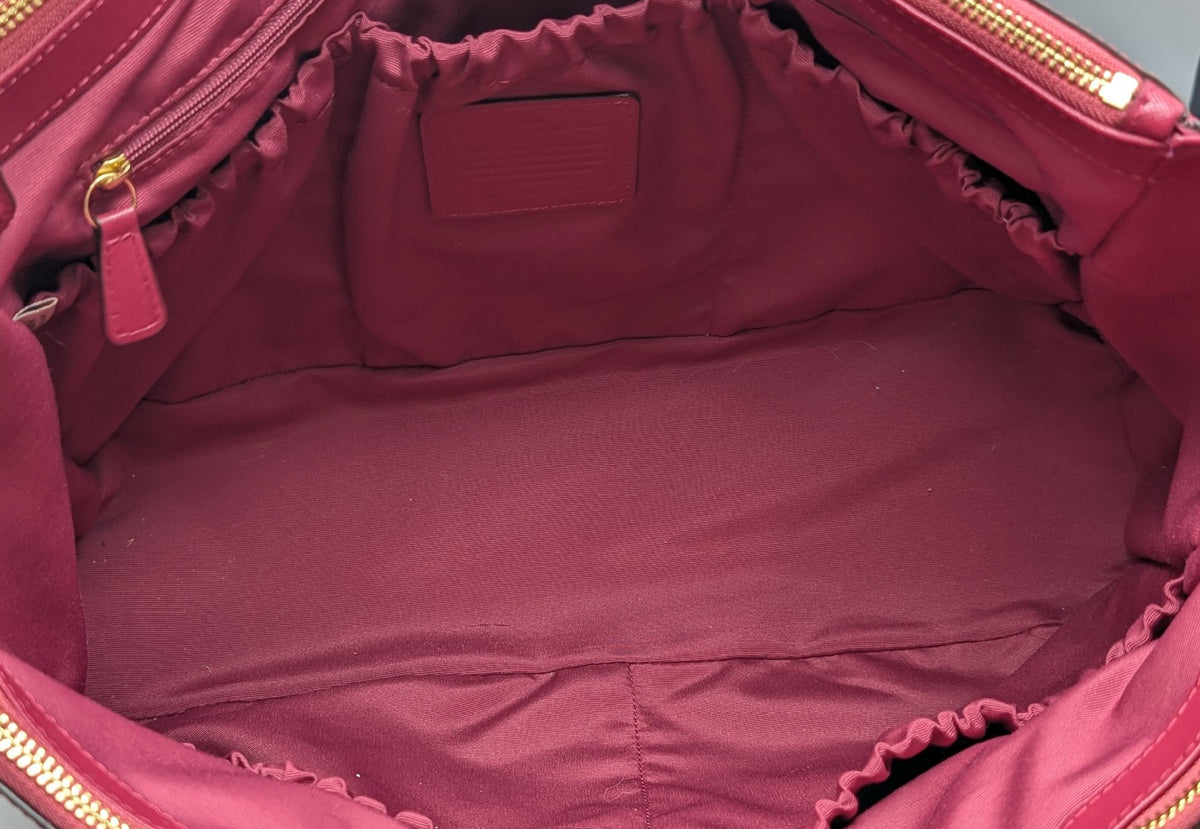 Berry pink crossgrain leather multifunction tote bag with double handles and shoulder strap, view 7