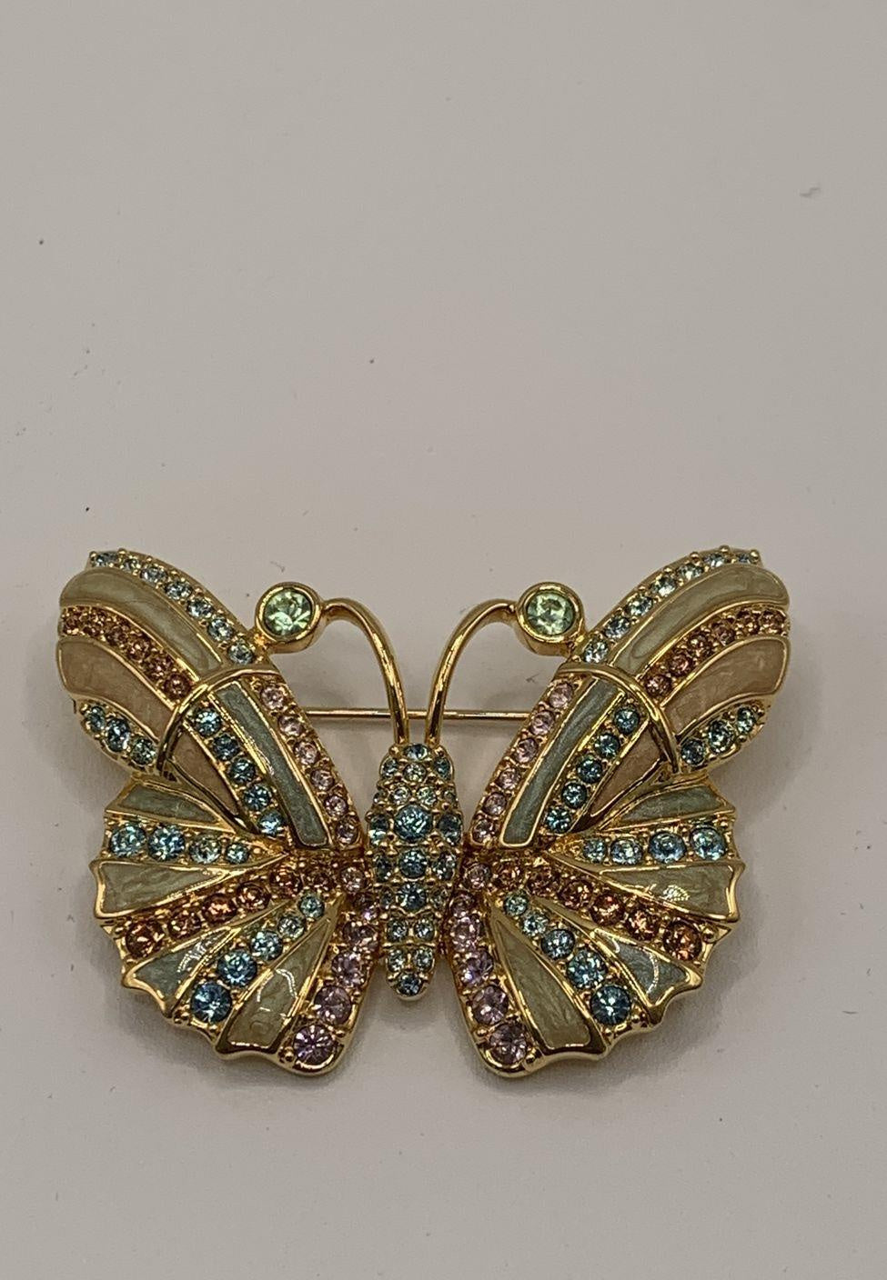 Gold-tone butterfly brooch with multicolor crystals and enamel, view 2