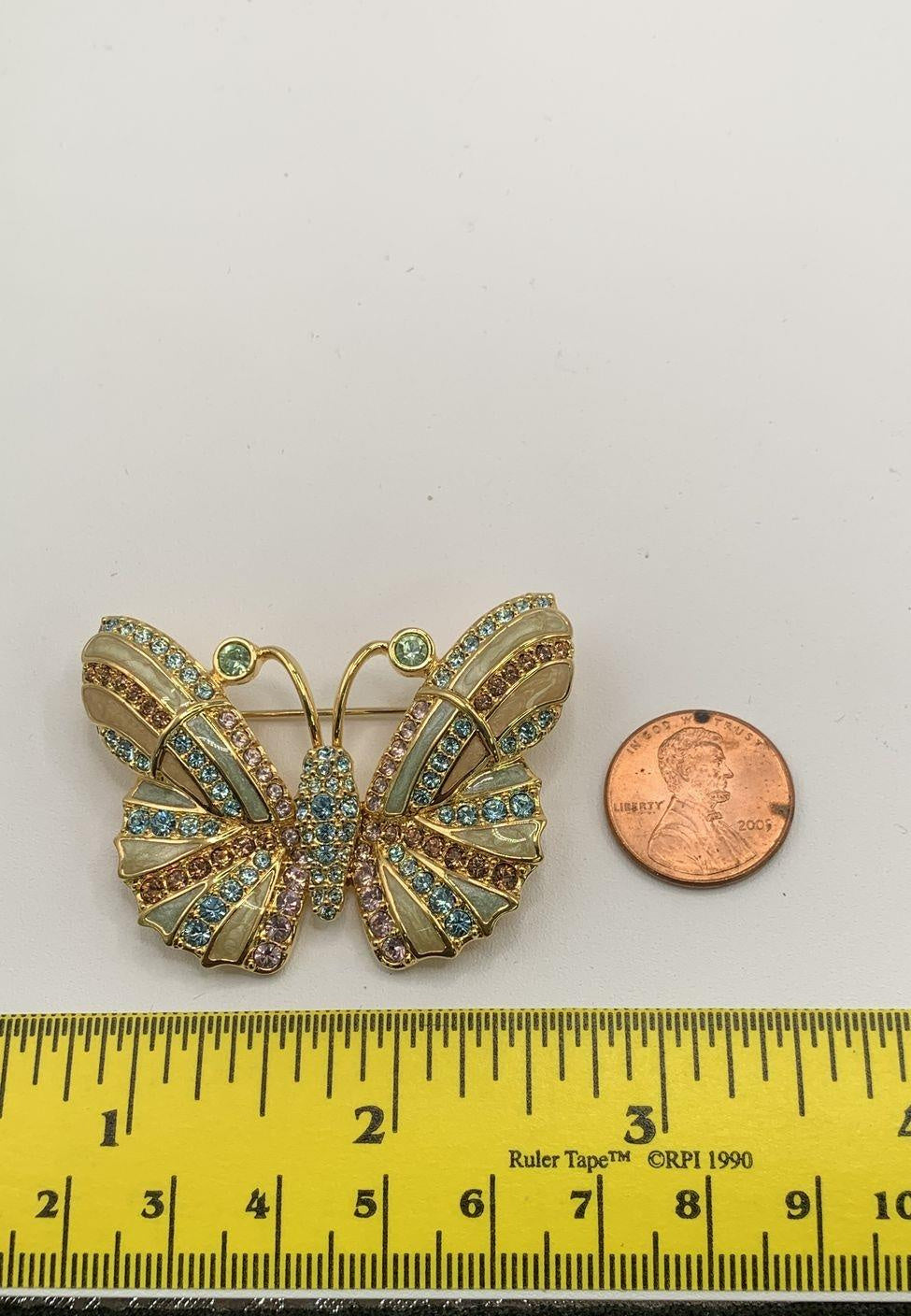 Gold-tone butterfly brooch with multicolor crystals and enamel, view 3
