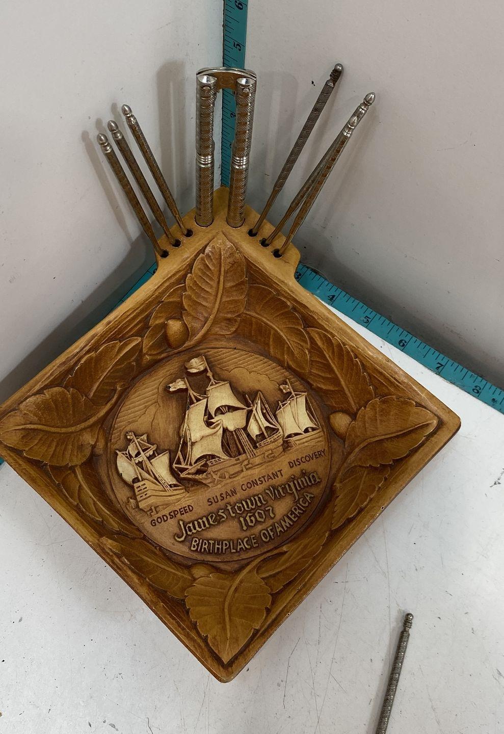 Brown Resin Like James Town Virginia 1607 Square Nut Serving Tray W/tools 8"x 8"