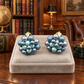 1950s–1960s Japan Blue Faux Pearl Cluster Clip-On Earrings, Silver-Tone, Stamped JAPAN, 1 Inch