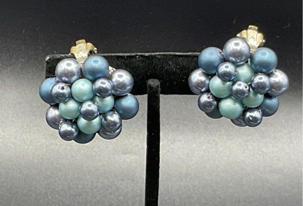 1950s–1960s Japan Blue Faux Pearl Cluster Clip-On Earrings, Silver-Tone, Stamped JAPAN, 1 Inch