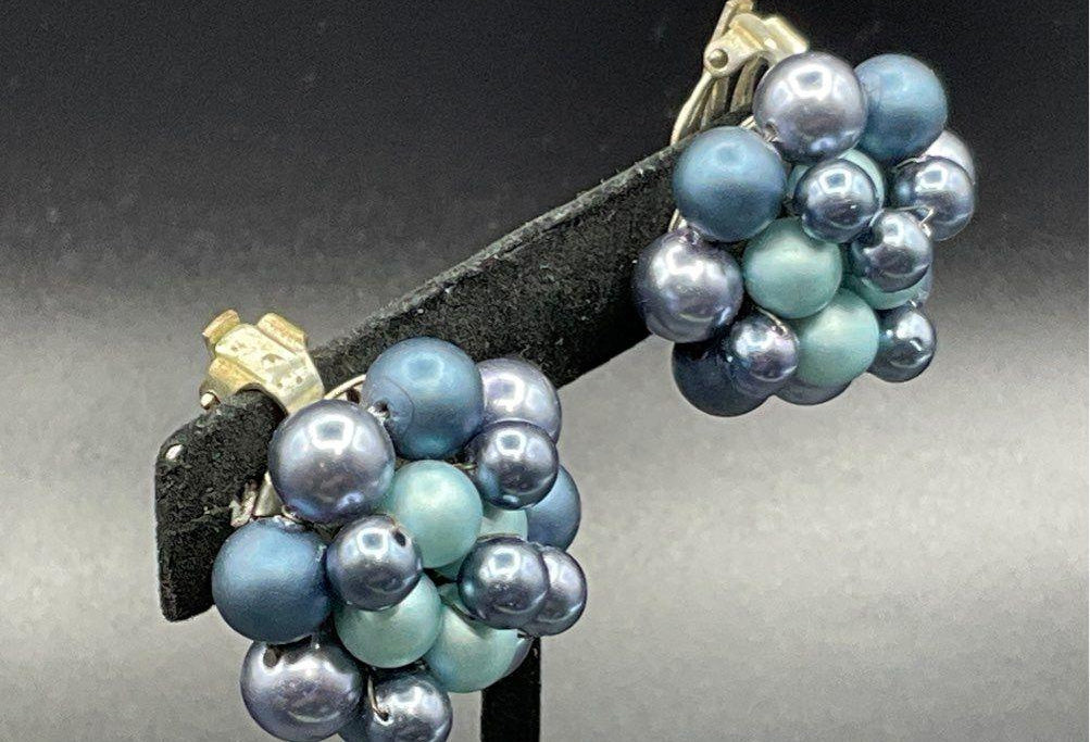 1950s–1960s Japan Blue Faux Pearl Cluster Clip-On Earrings, Silver-Tone, Stamped JAPAN, 1 Inch