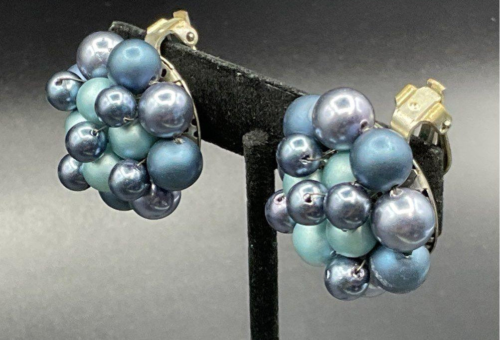 1950s–1960s Japan Blue Faux Pearl Cluster Clip-On Earrings, Silver-Tone, Stamped JAPAN, 1 Inch