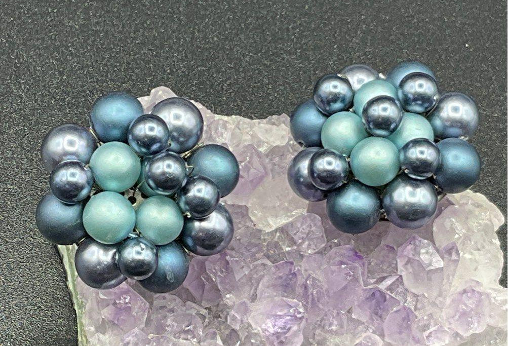 1950s–1960s Japan Blue Faux Pearl Cluster Clip-On Earrings, Silver-Tone, Stamped JAPAN, 1 Inch