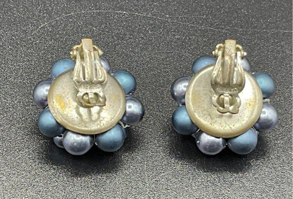 1950s–1960s Japan Blue Faux Pearl Cluster Clip-On Earrings, Silver-Tone, Stamped JAPAN, 1 Inch